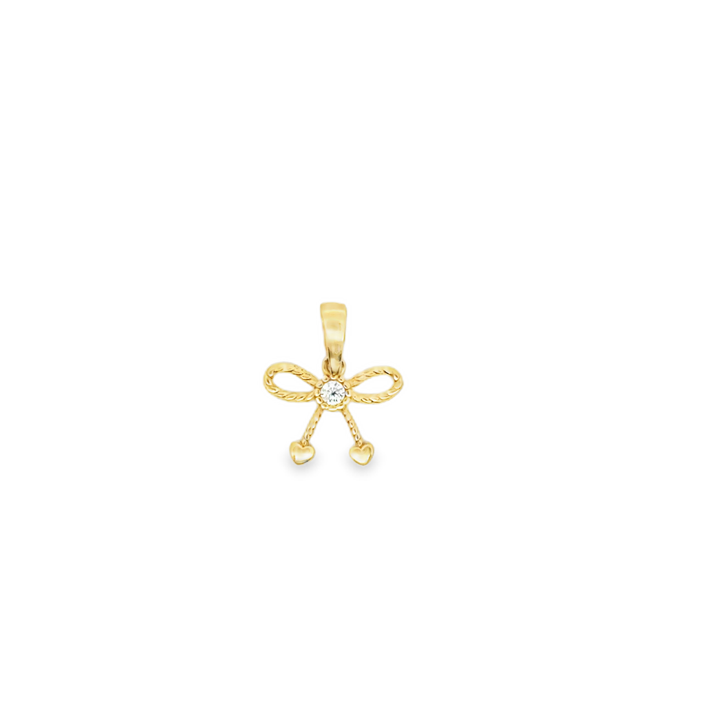 Yellow Gold Zircon Bow Pendant with Heart Accents