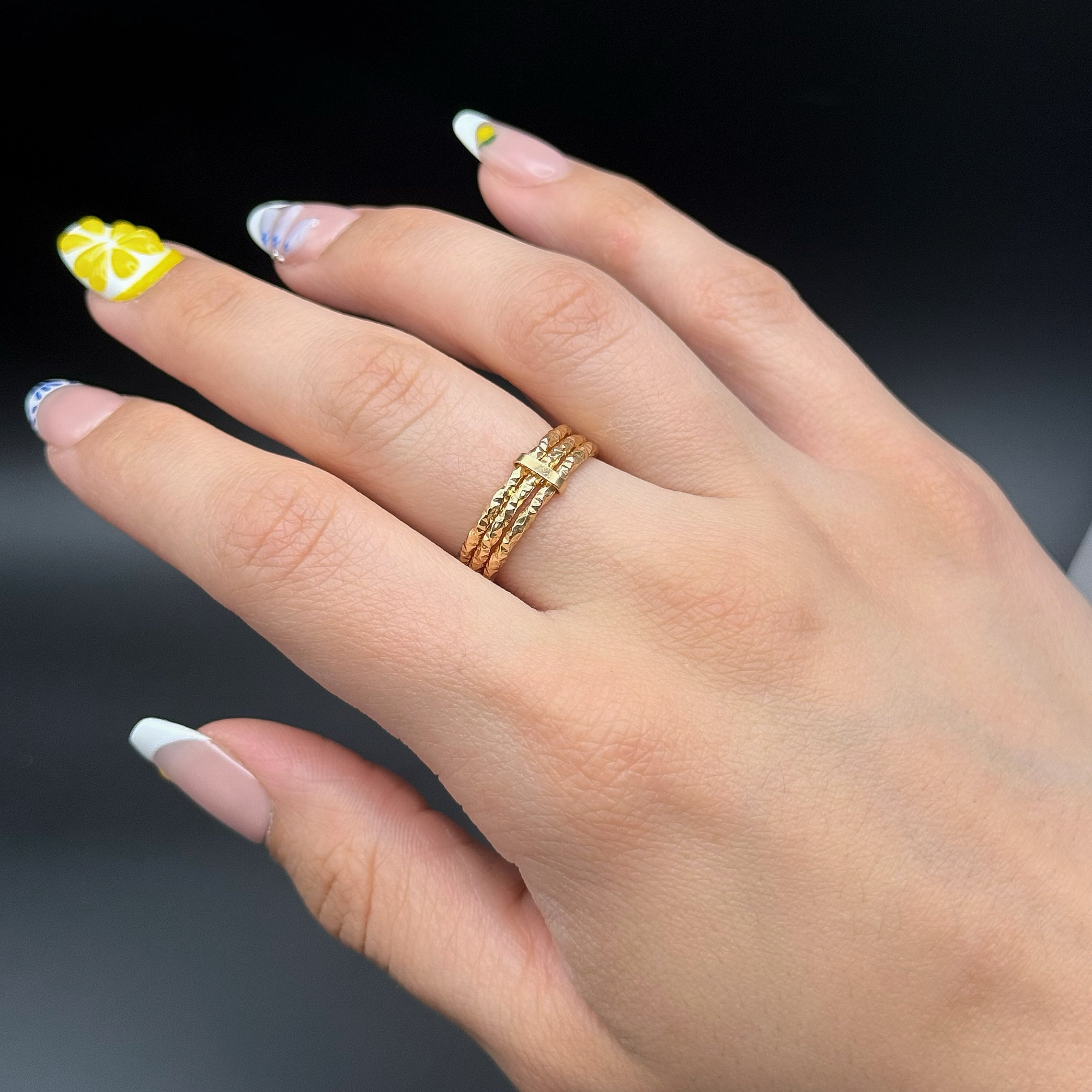 Yellow Gold Textured Triple Band Stackable Ring