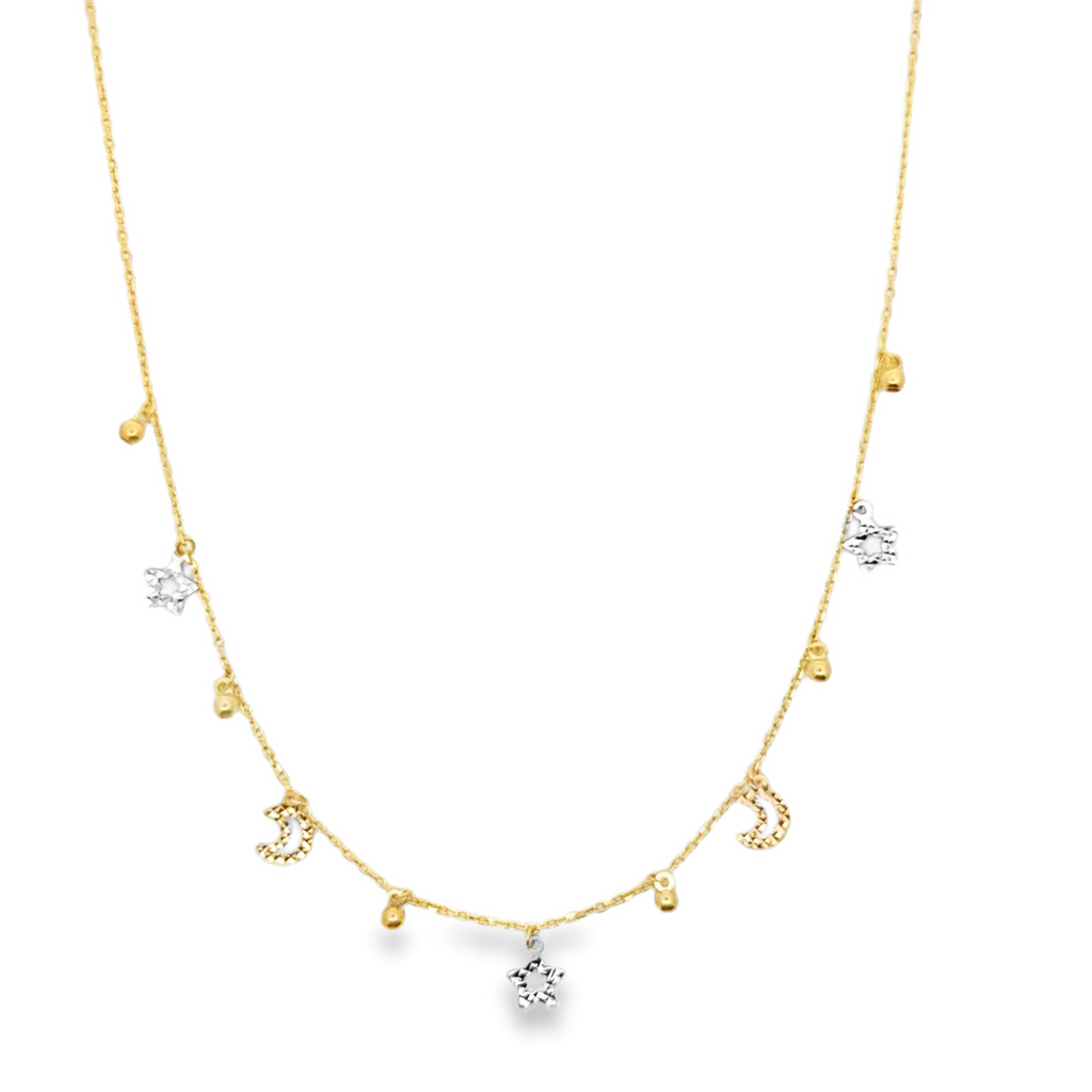 Yellow Gold Celestial Star and Moon Charm Necklace