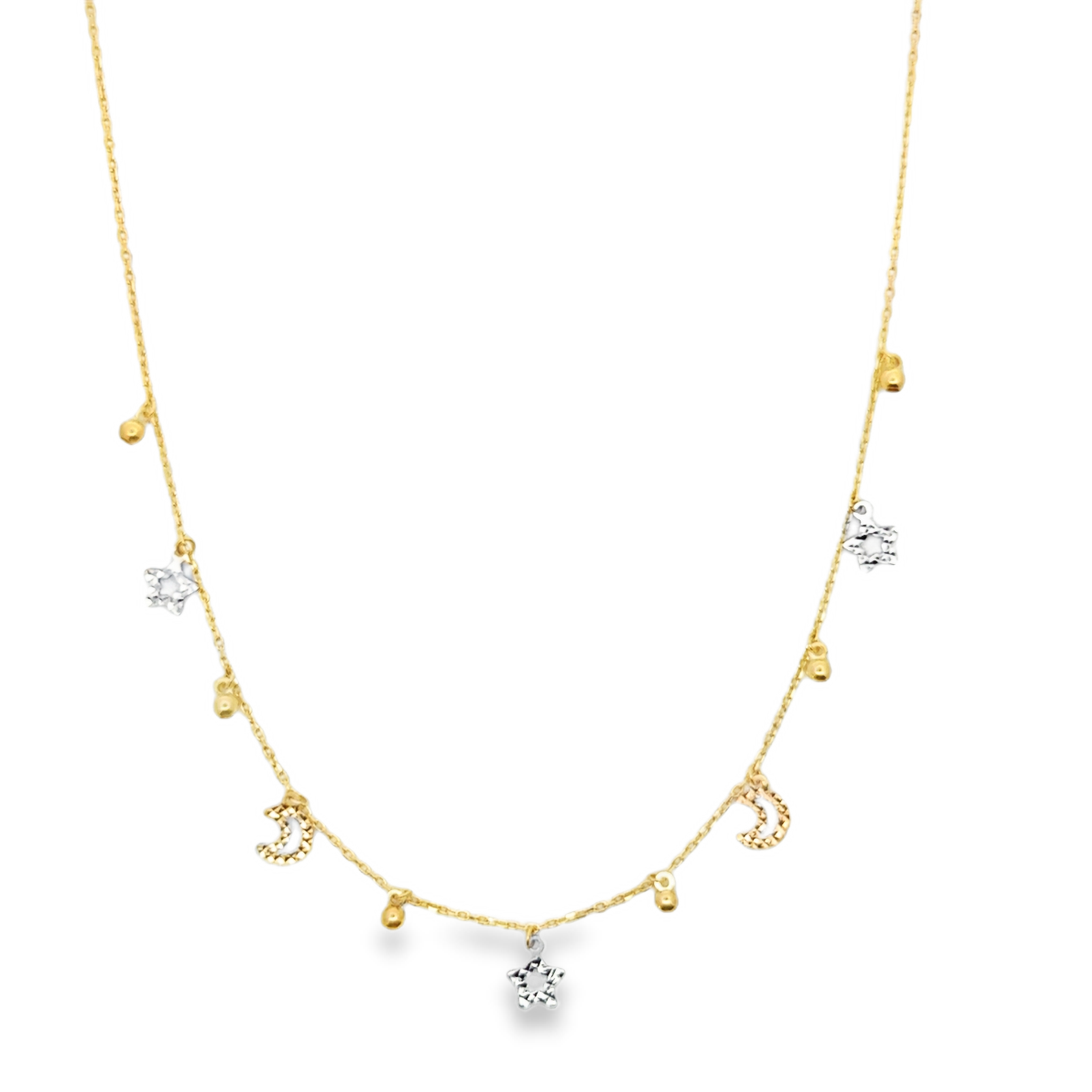 Yellow Gold Celestial Star and Moon Charm Necklace