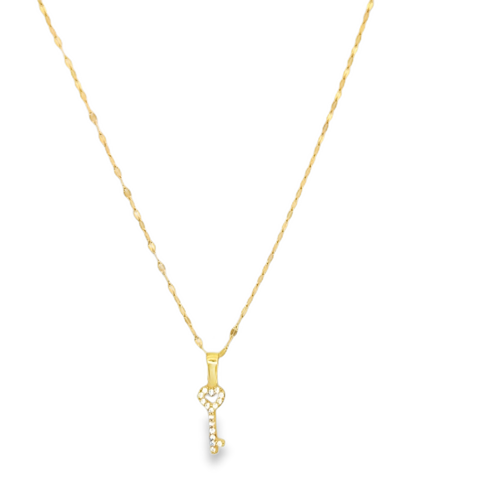 Zircon Heart Key Charm Necklace in Yellow Gold