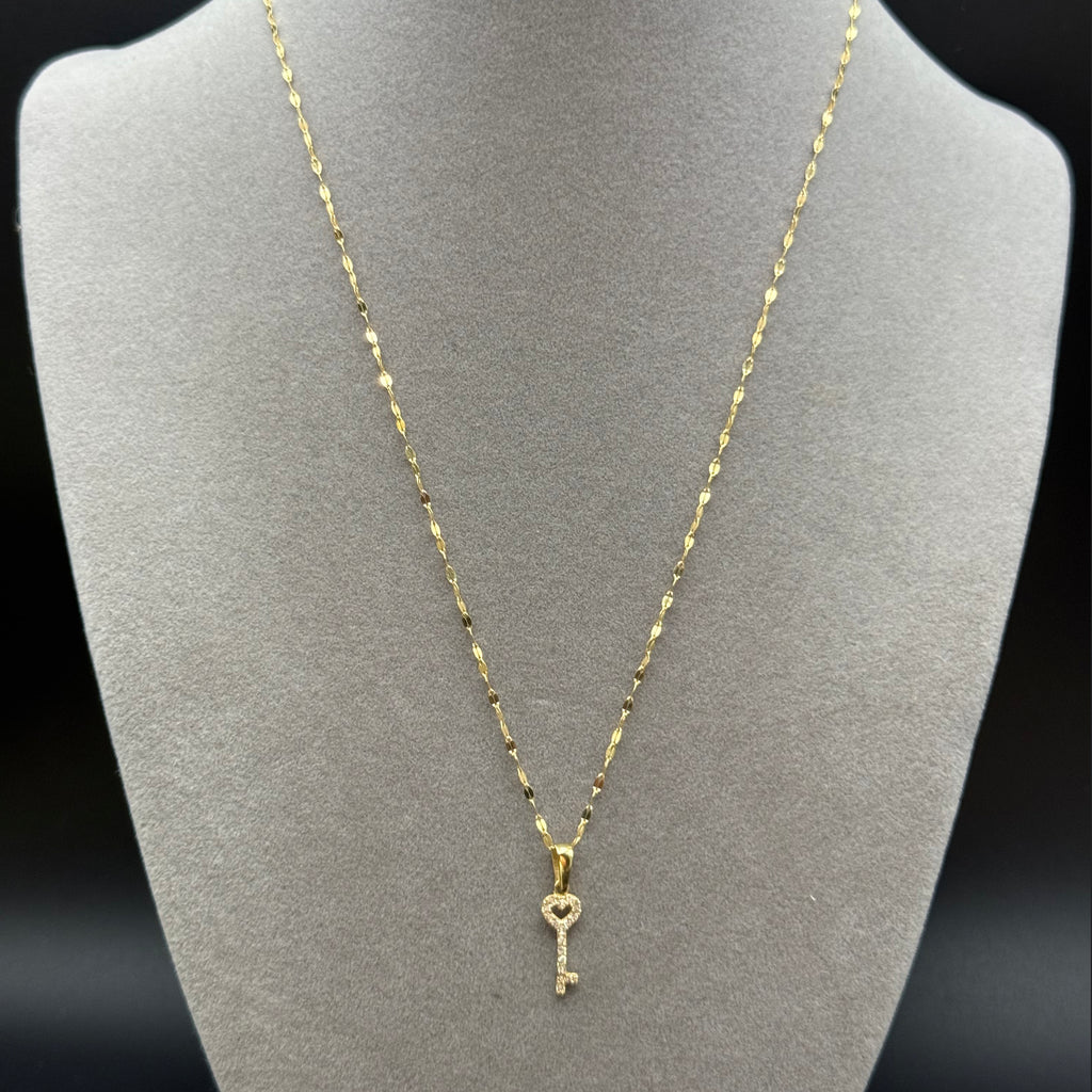 Zircon Heart Key Charm Necklace in Yellow Gold