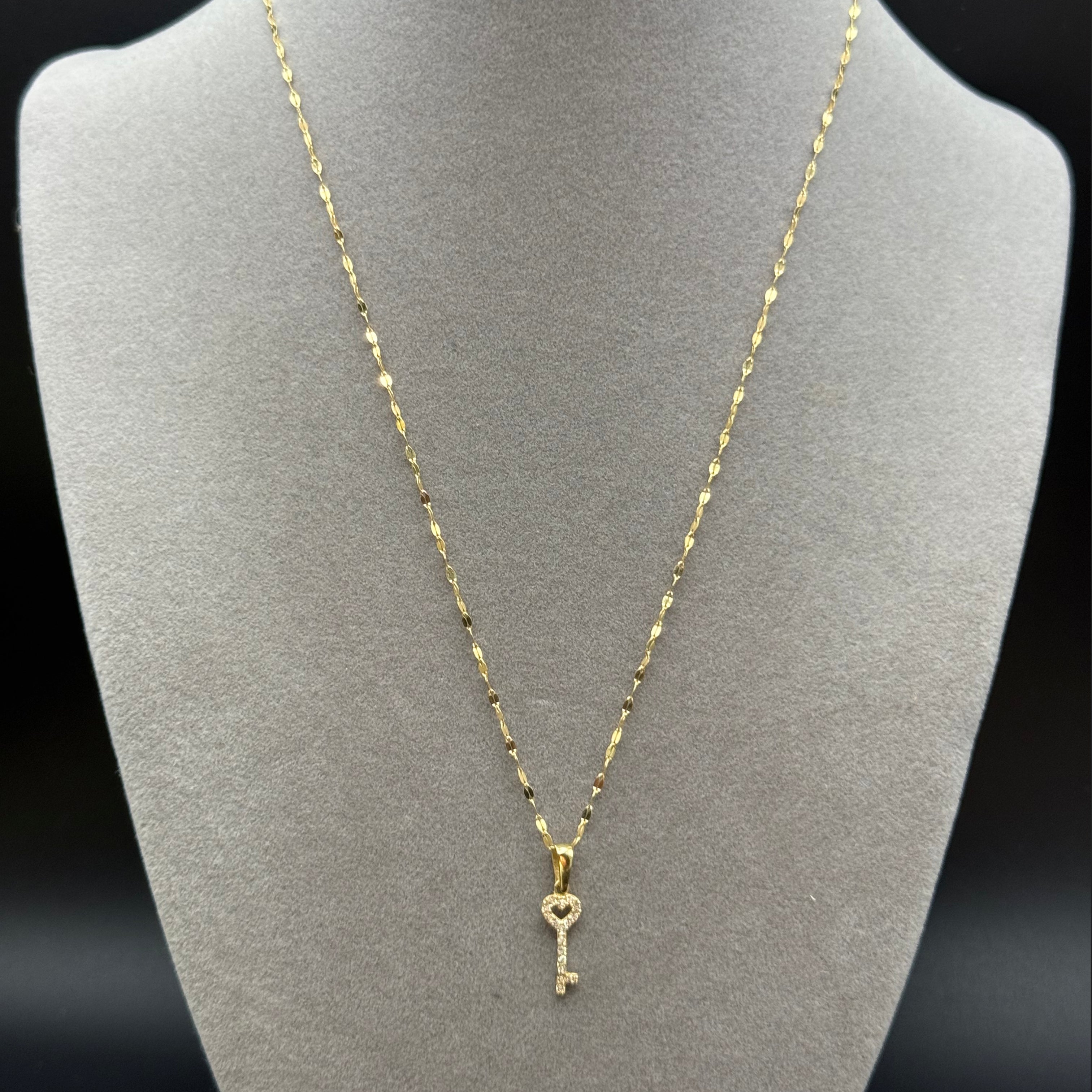 Zircon Heart Key Charm Necklace in Yellow Gold