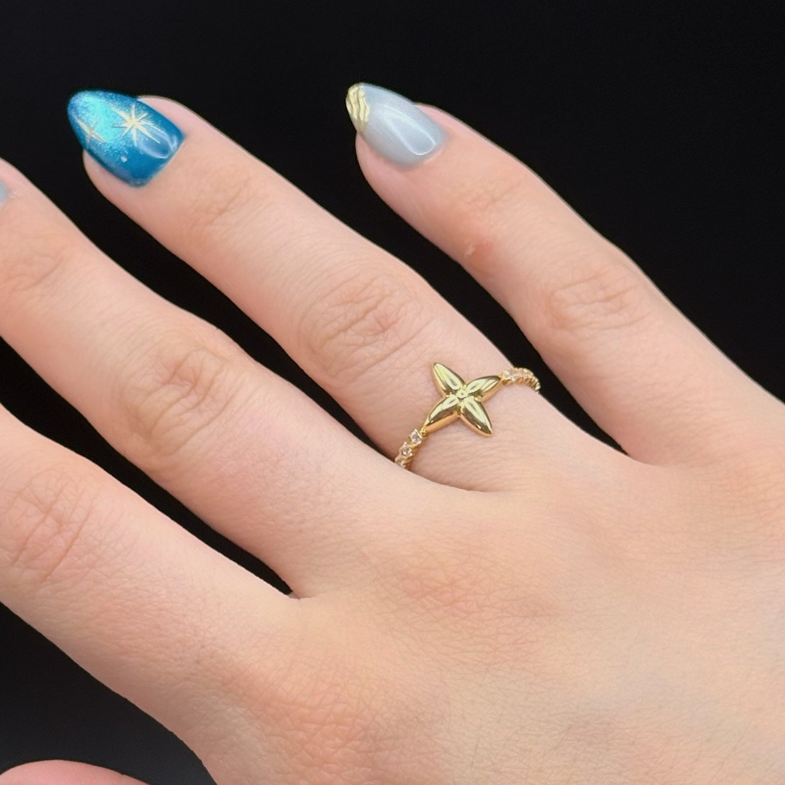 Yellow Gold Star Motif Stackable Ring with Zircon Accents