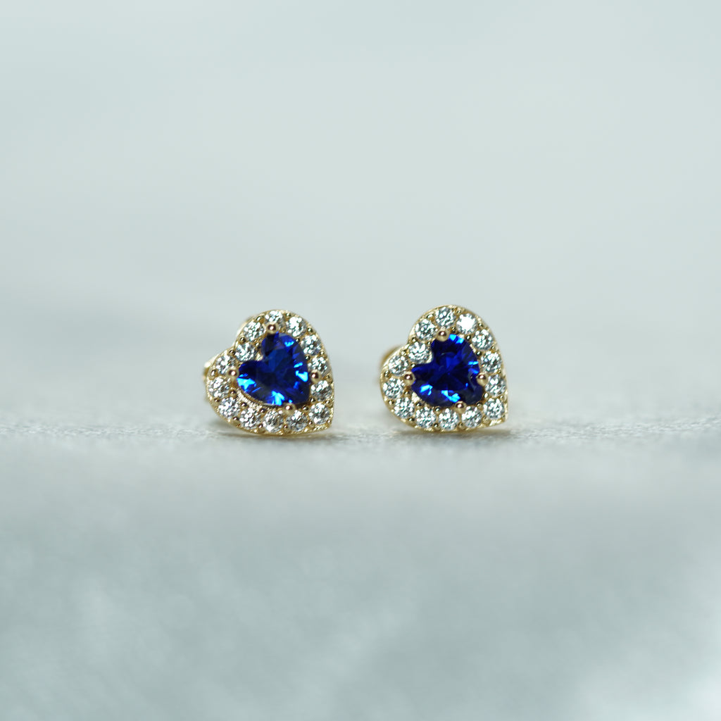 Heart-Shaped Blue Zircon Halo Stud Earrings in Yellow Gold