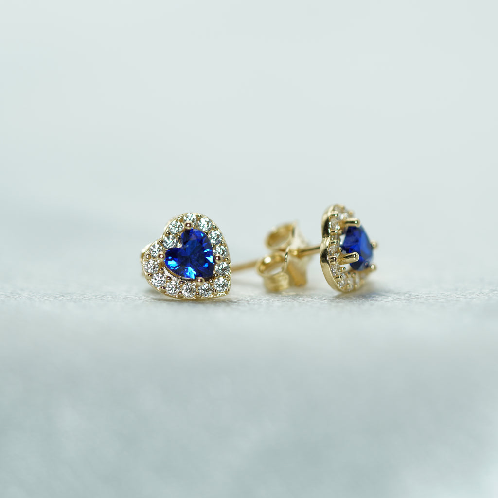 Heart-Shaped Blue Zircon Halo Stud Earrings in Yellow Gold