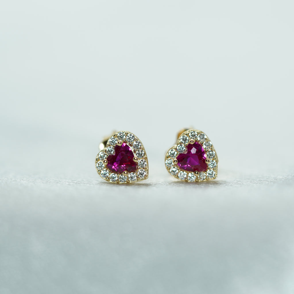 Heart-Shaped Zircon Halo Stud Earrings in Yellow Gold