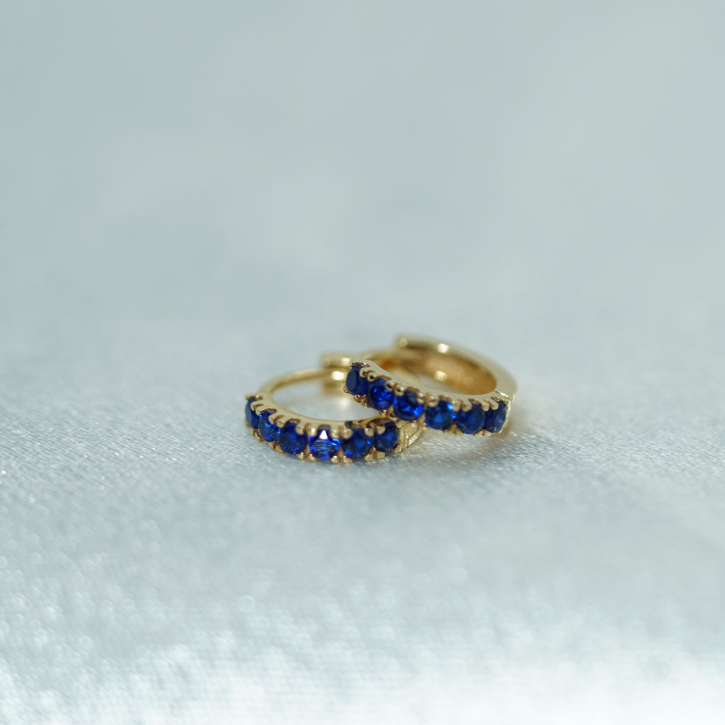 Vivid Blue Sapphire Hoop Earrings in Yellow Gold