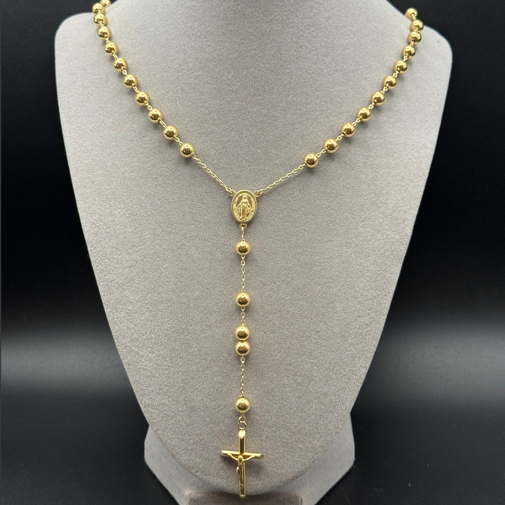 Yellow Gold Beaded Rosary Necklace with Crucifix Pendant