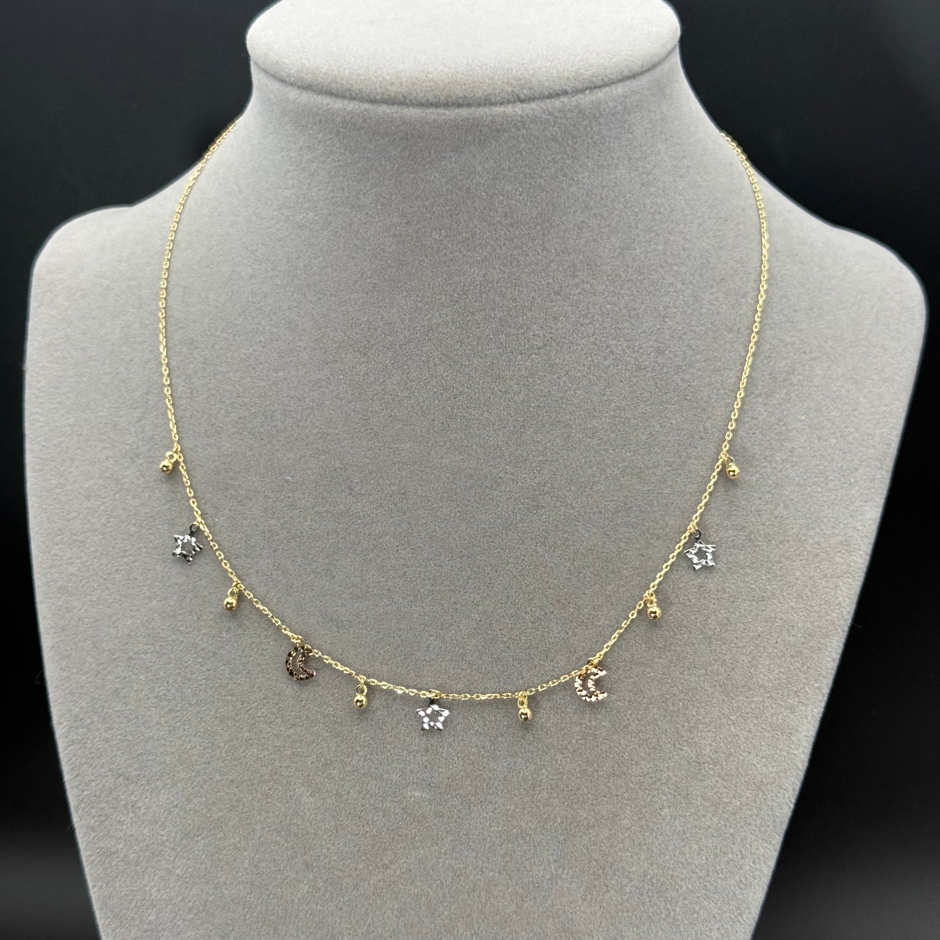 Yellow Gold Celestial Star and Moon Charm Necklace
