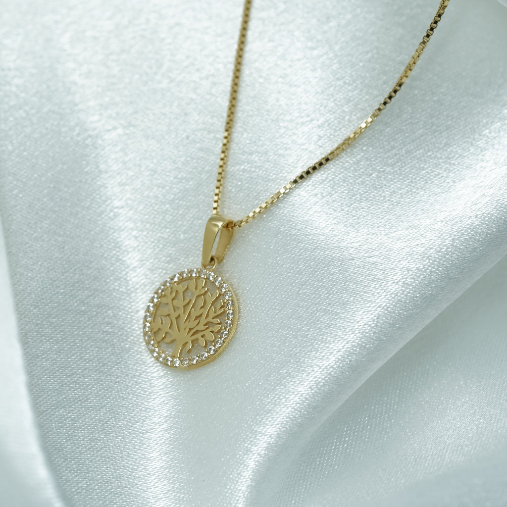 Yellow Gold zirconia Tree of Life Pendant Necklace