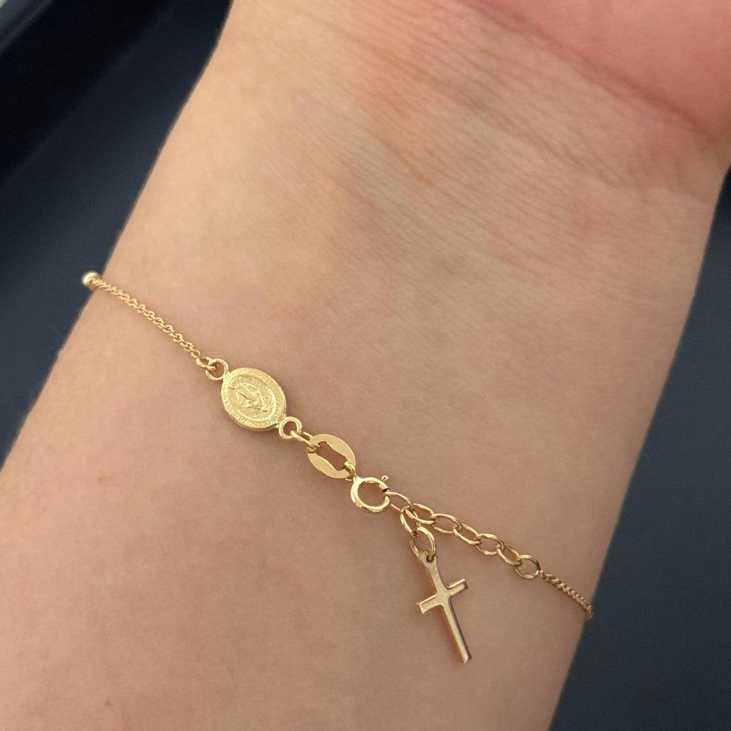 Yellow Gold Cross and Miraculous Medal Charm Bracelet