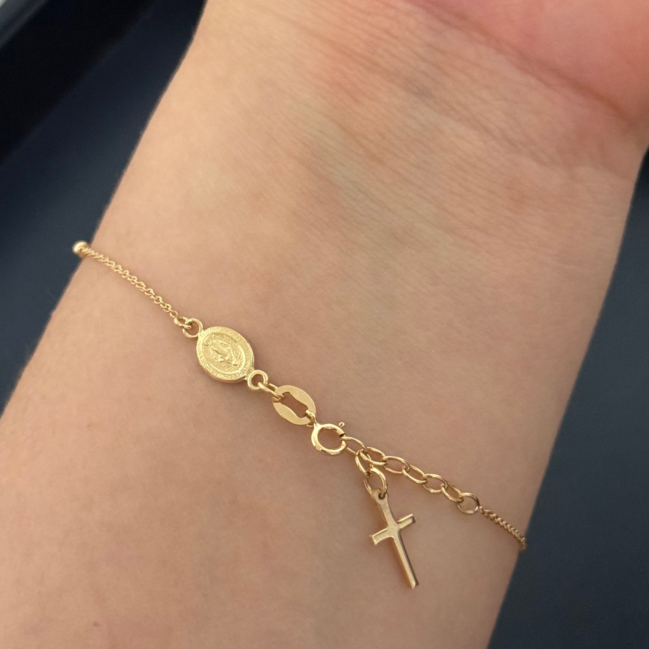 Yellow Gold Cross and Miraculous Medal Charm Bracelet