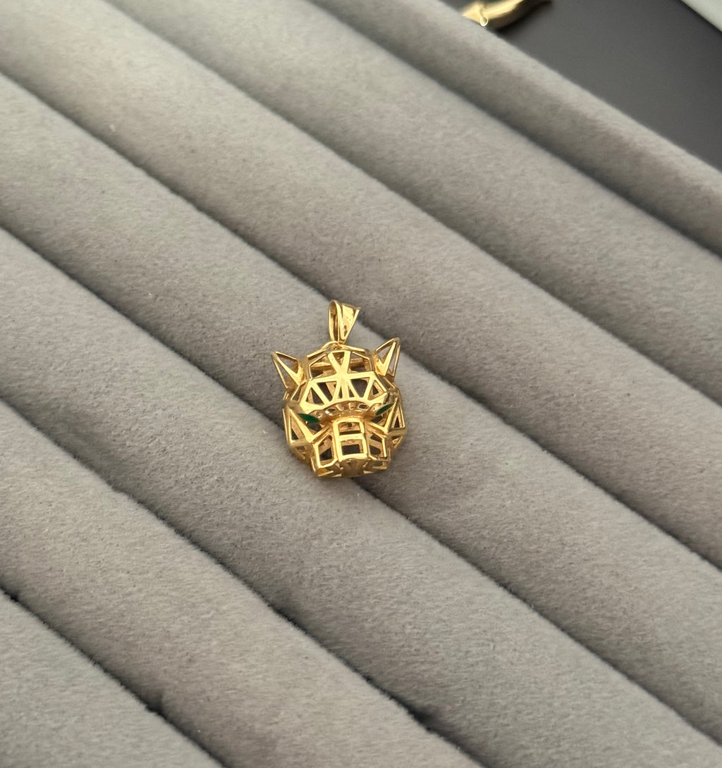 Yellow Gold Geometric Panther Head Pendant with Emerald Eyes