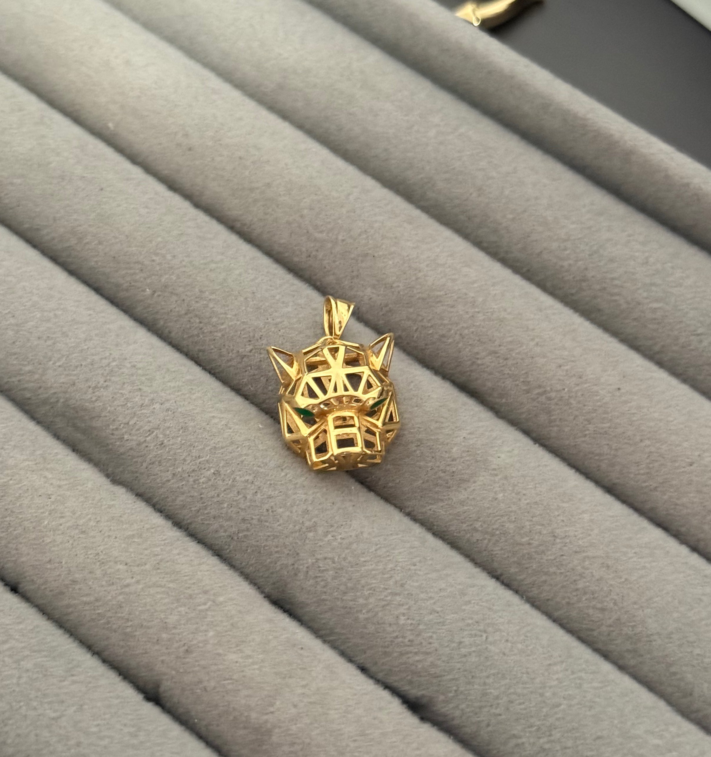 Yellow Gold Geometric Panther Head Pendant with Emerald Eyes