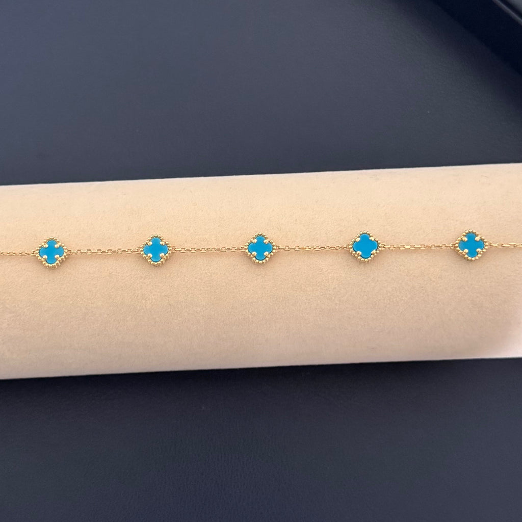 Yellow Gold Turquoise Clover Station Chain Bracelet