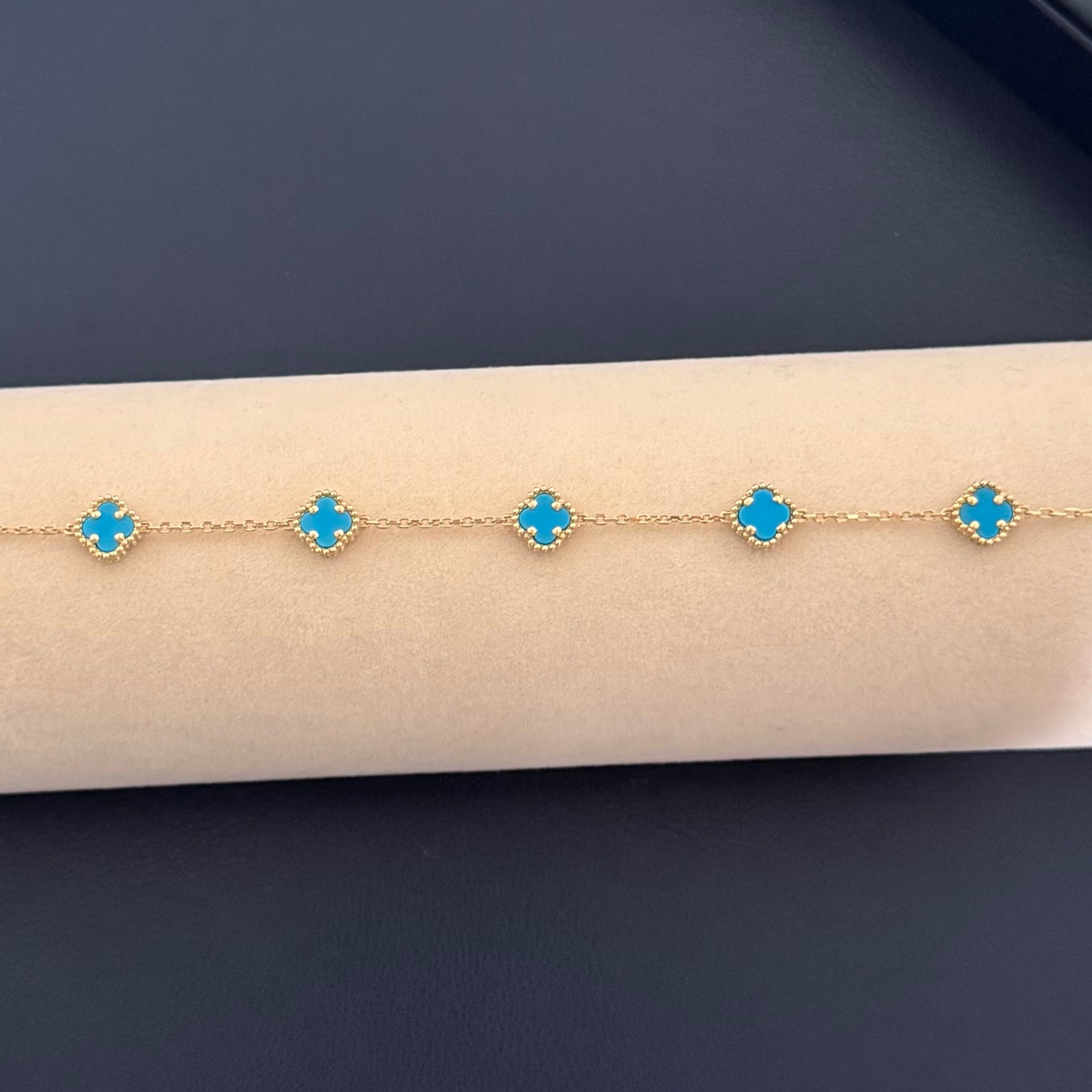 Yellow Gold Turquoise Clover Station Chain Bracelet