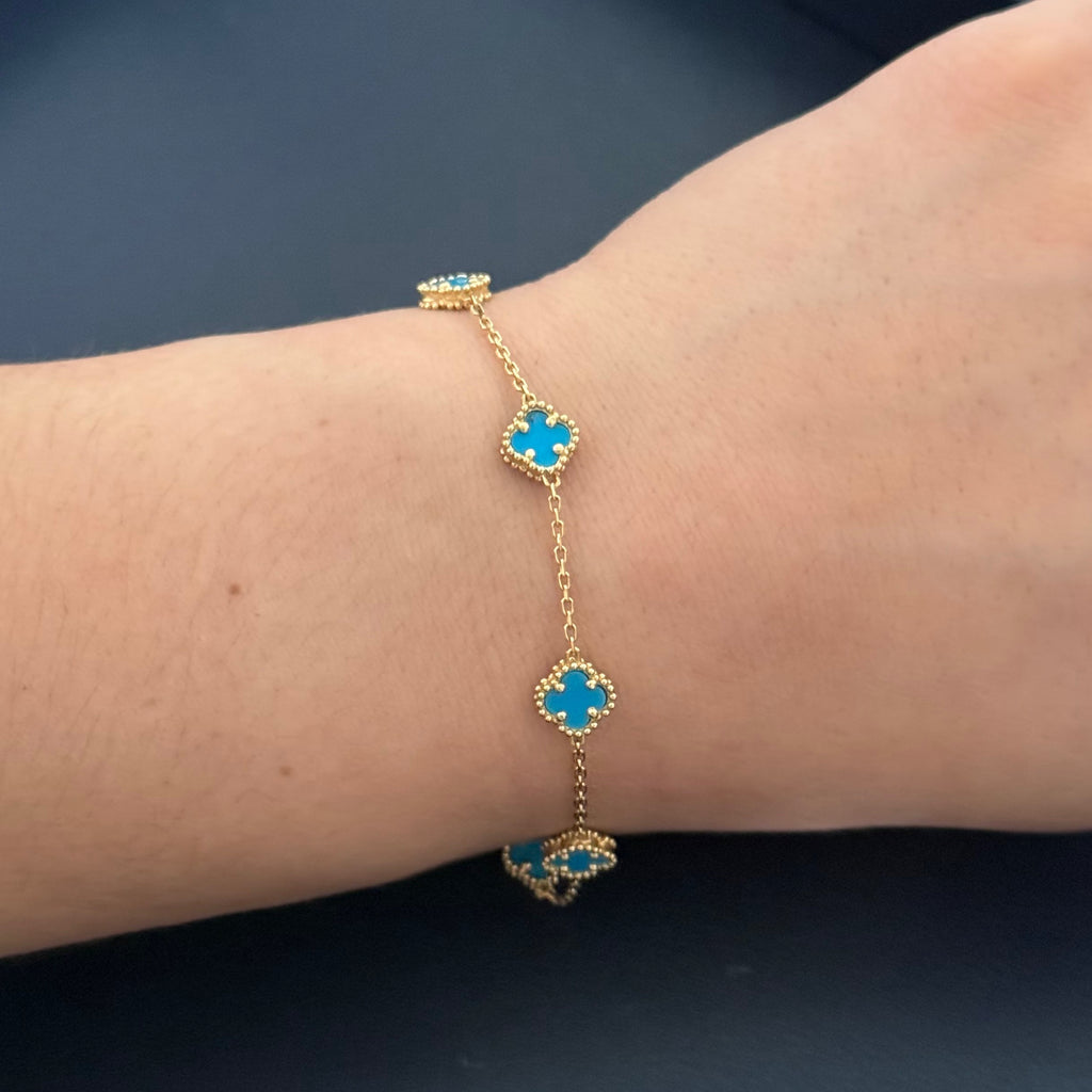 Yellow Gold Turquoise Clover Station Chain Bracelet