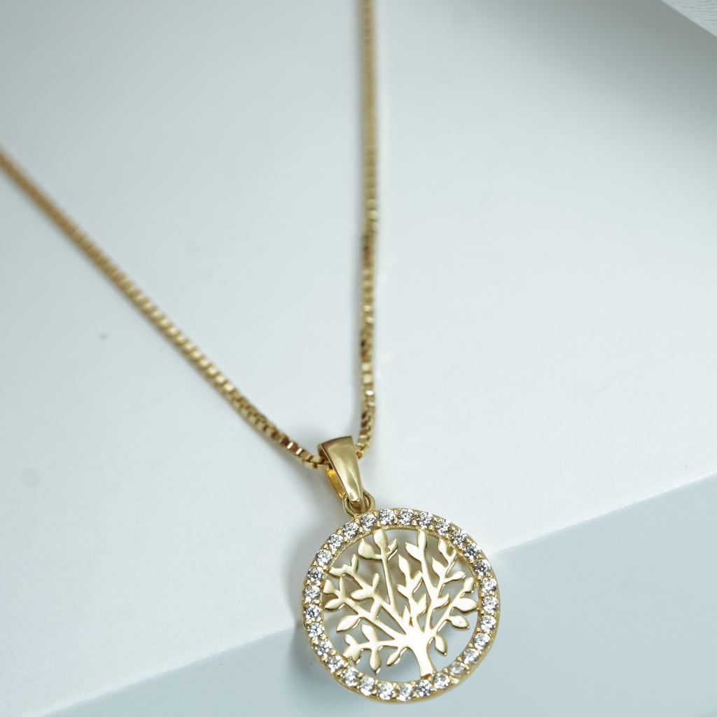 Yellow Gold zirconia Tree of Life Pendant Necklace