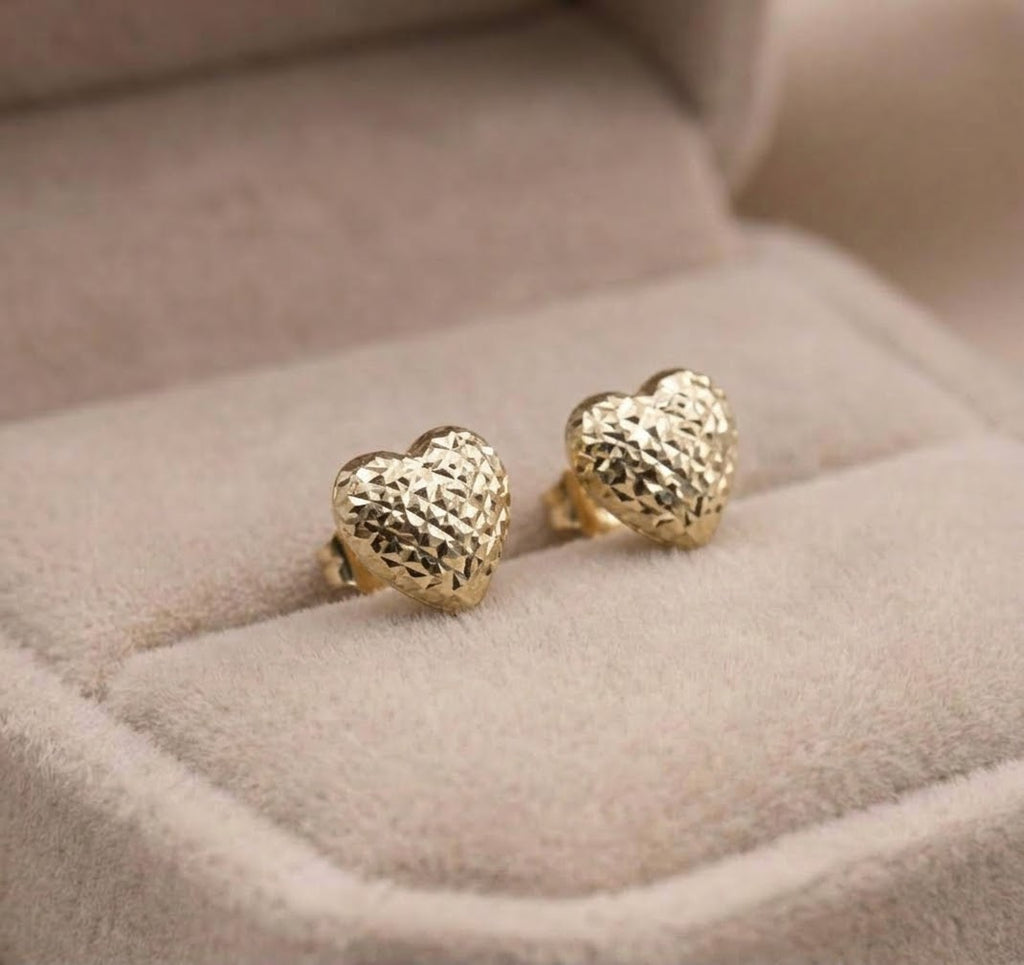 Yellow Gold Diamond-Cut Heart Stud Earrings
