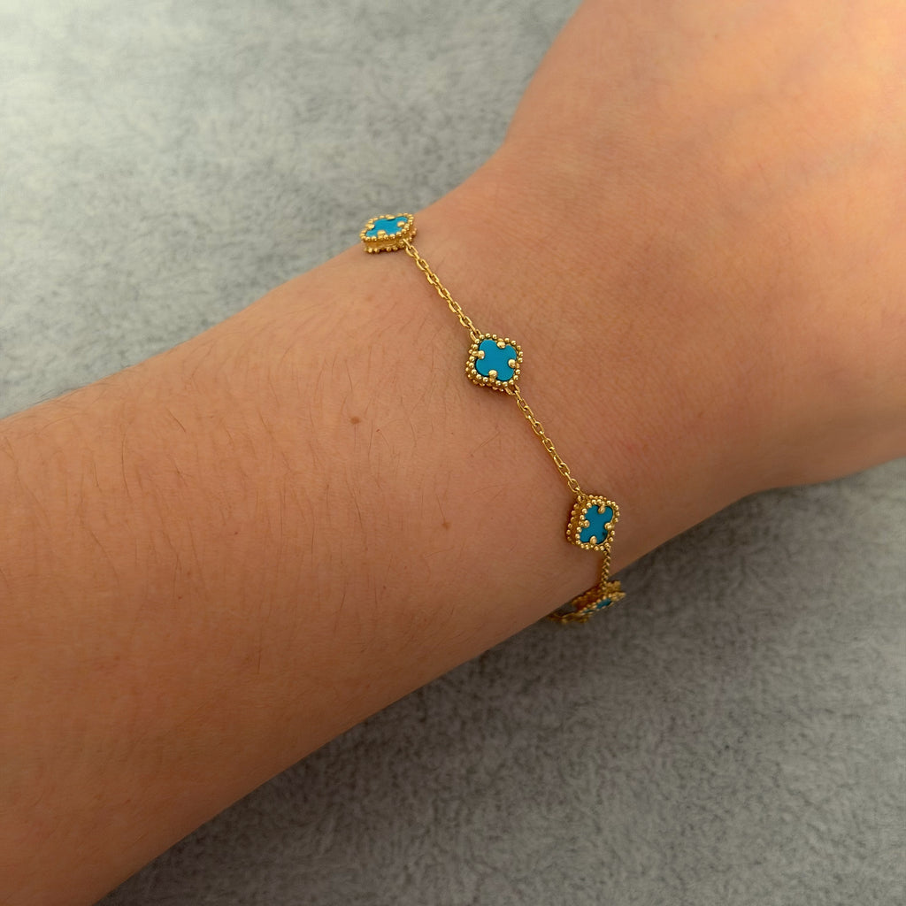 Yellow Gold Turquoise Clover Station Chain Bracelet