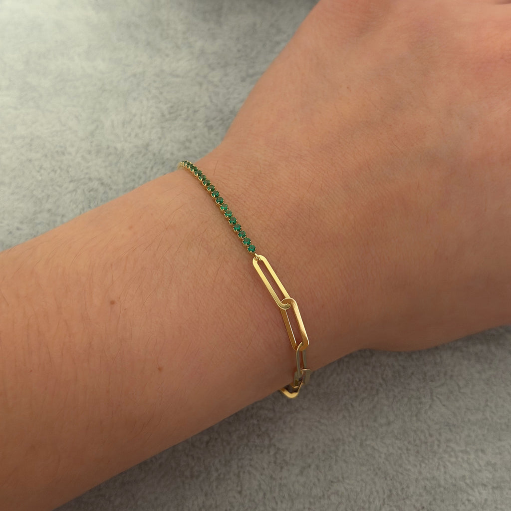 Yellow Gold Paperclip and Green Zircon Chain Bracelet