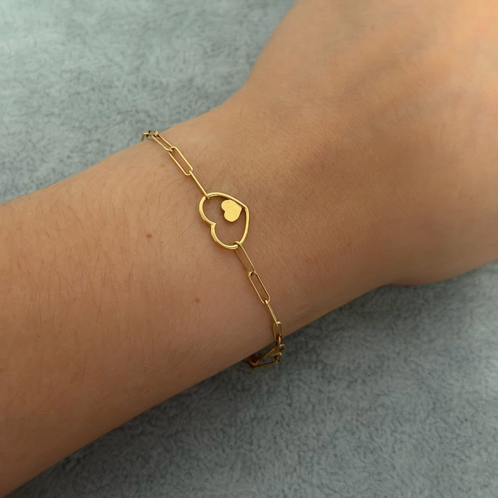 Yellow Gold Paperclip Chain Heart Charm Bracelet