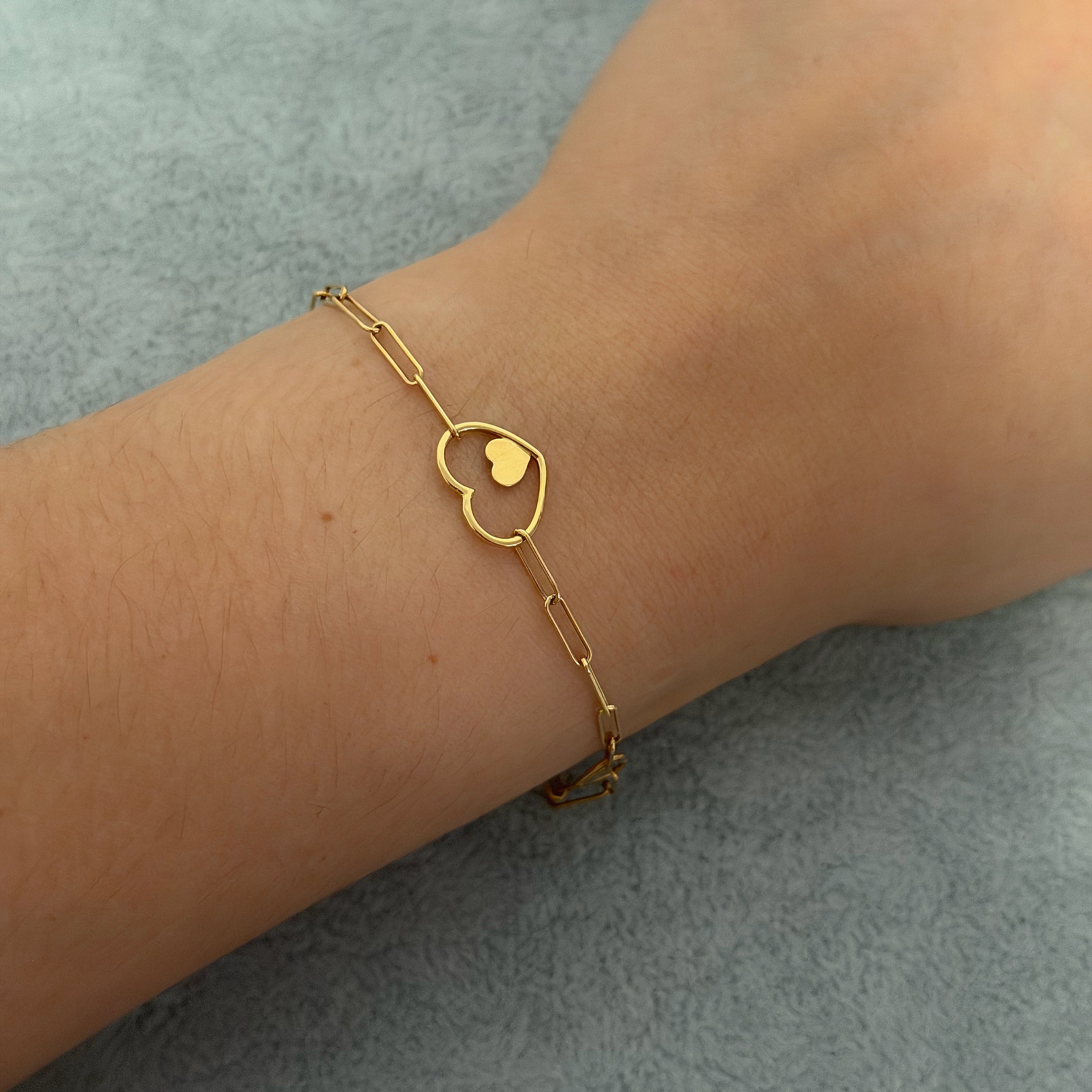 Yellow Gold Paperclip Chain Heart Charm Bracelet