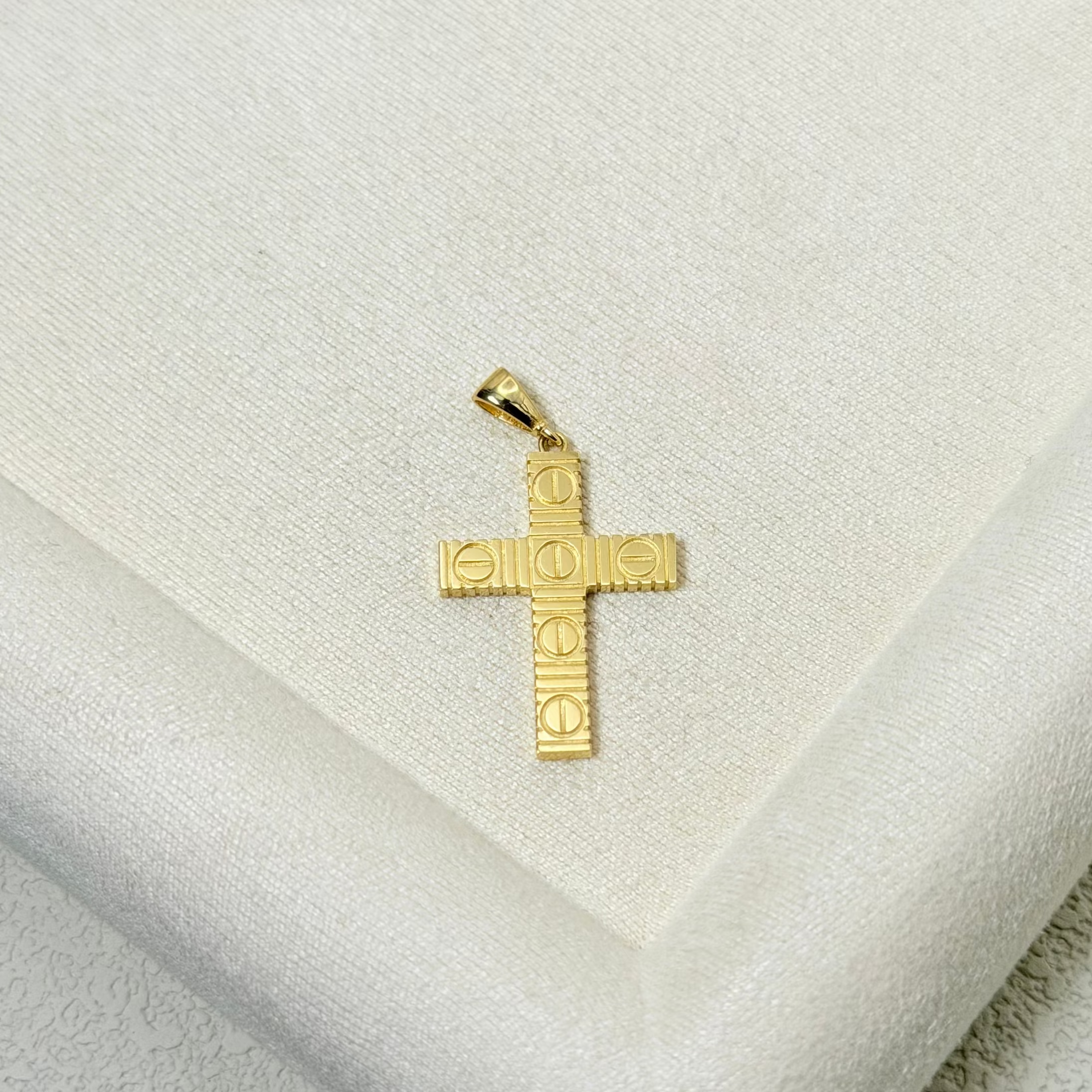Textured Yellow Gold Screw Motif Cross Pendant