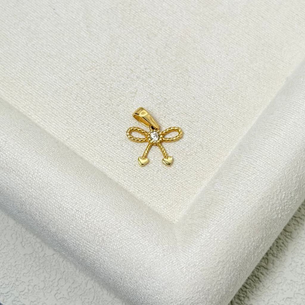 Yellow Gold Zircon Bow Pendant with Heart Accents