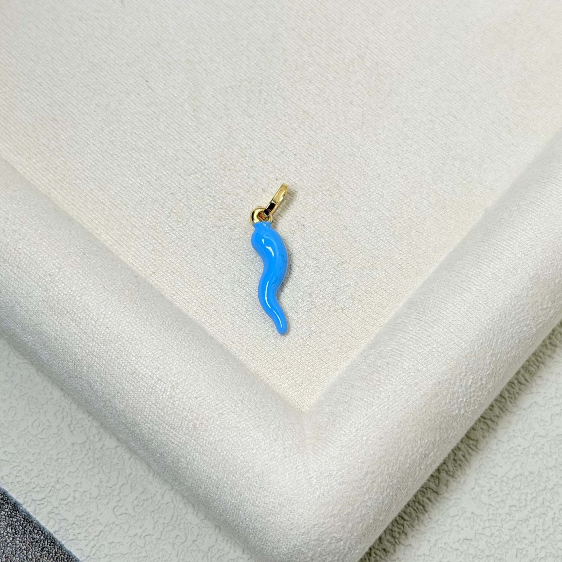 Yellow Gold Italian Horn Pendant with Blue Enamel