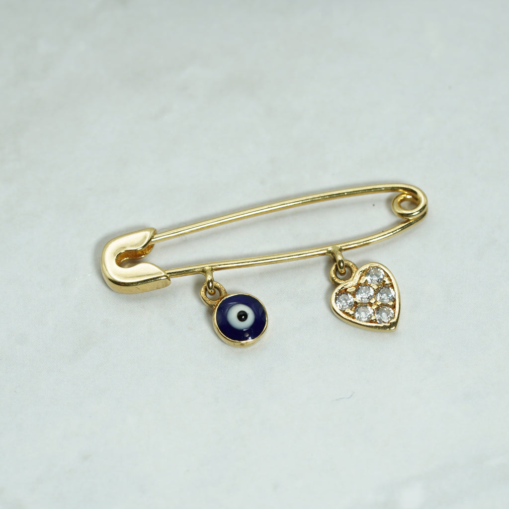 Yellow Gold Diamond Heart Baby Safety Pin Brooch