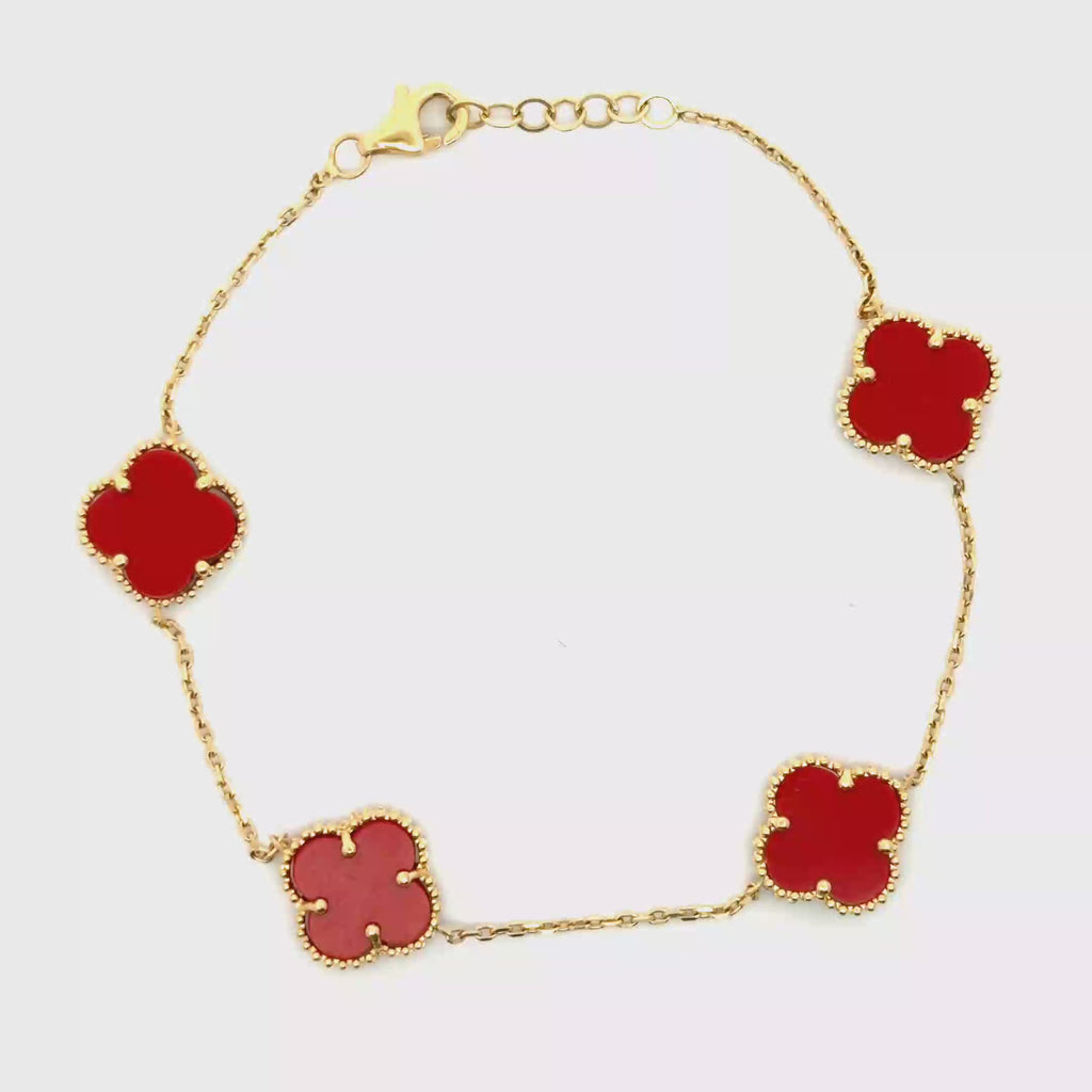 Elegant Yellow Gold Chain Bracelet with Red Clovers