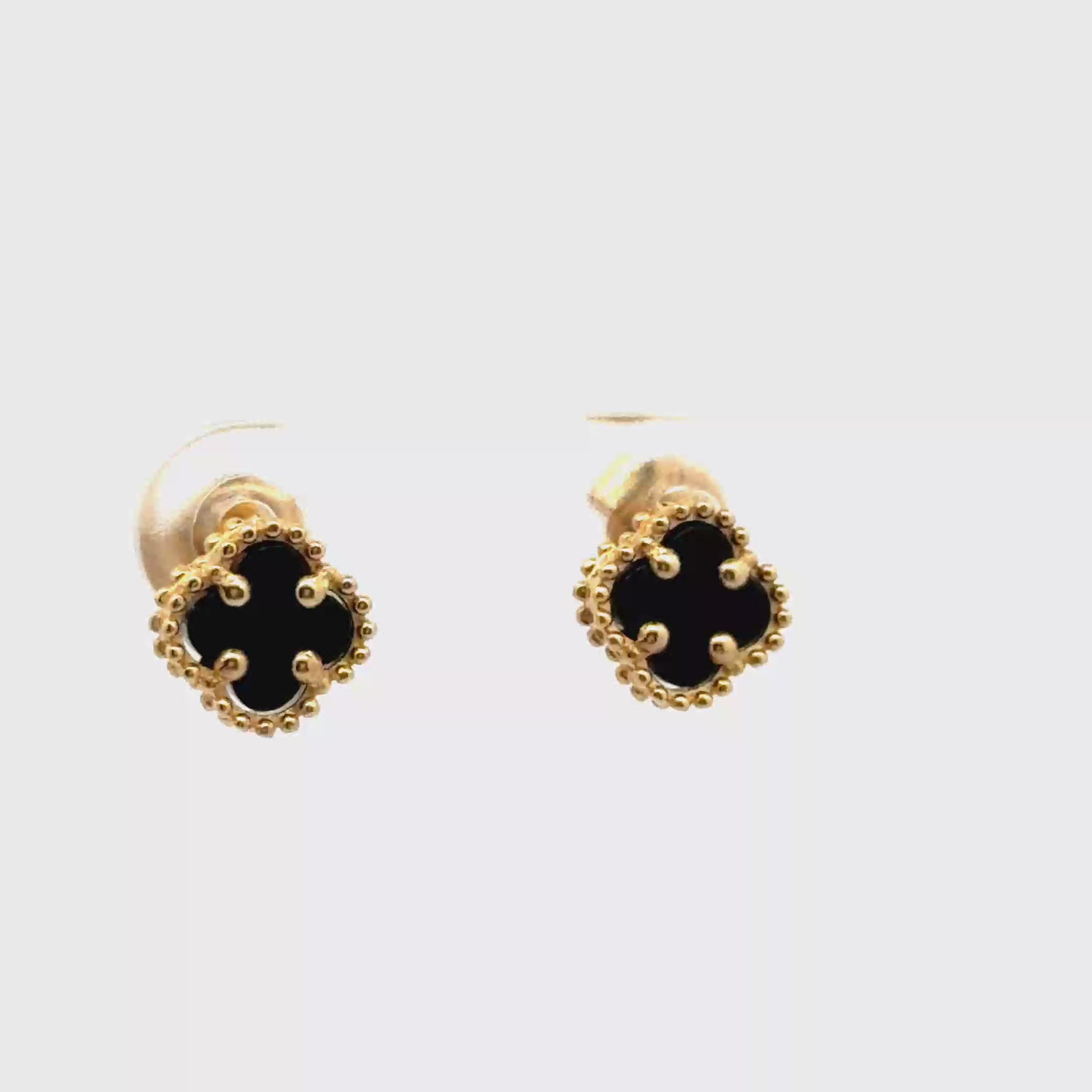 Yellow Gold Stud Earrings with Clover black
