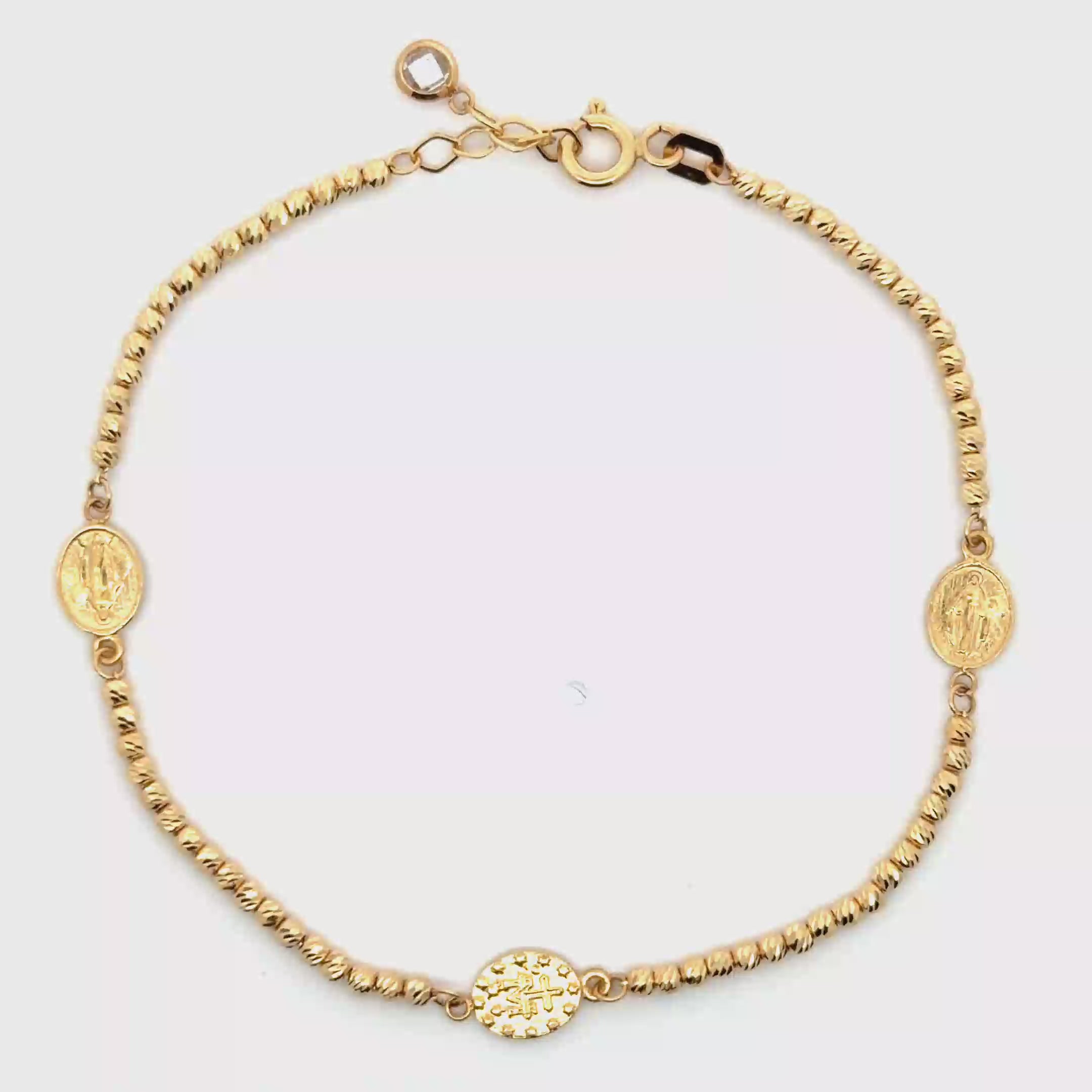 Yellow Gold Beaded Chain Bracelet with Religious Medallions