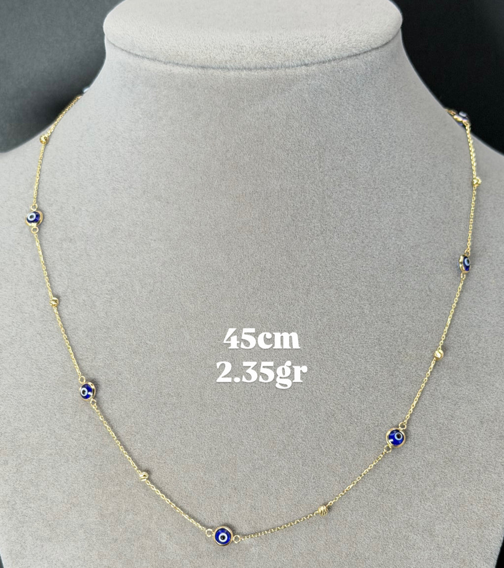 Yellow Gold Evil Eye Agate Station Chain Necklace