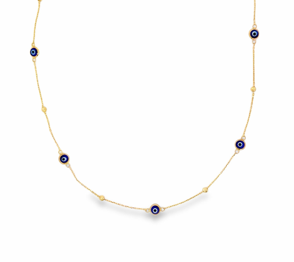 Yellow Gold Evil Eye Agate Station Chain Necklace