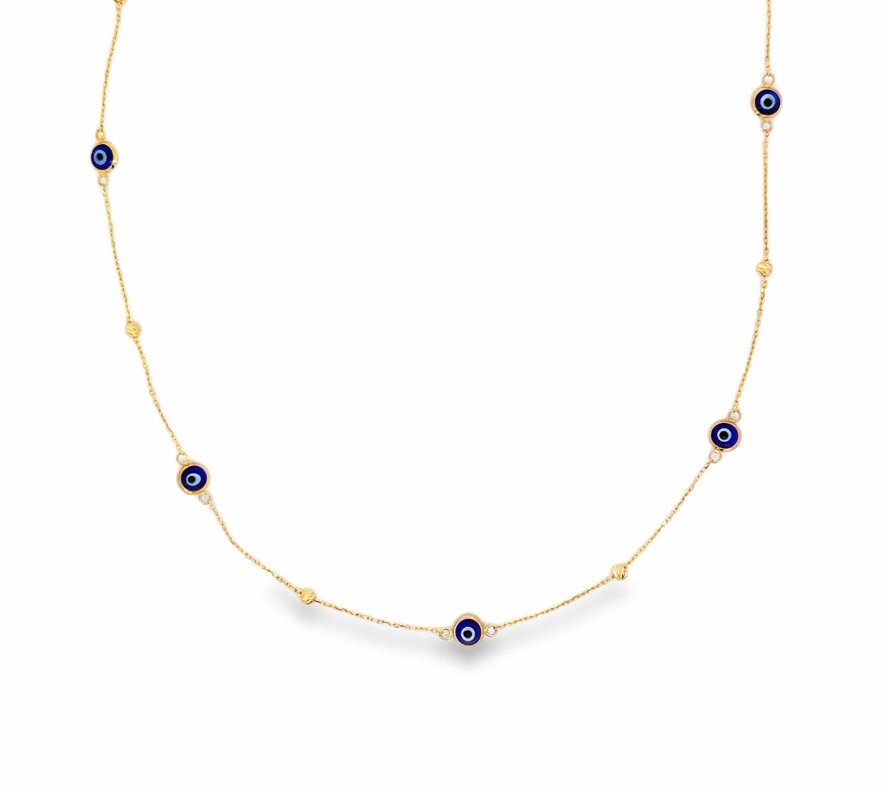 Yellow Gold Evil Eye Agate Station Chain Necklace