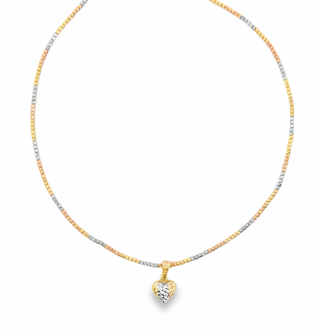 Tri-Color Gold Chain Necklace with Textured Heart Pendant