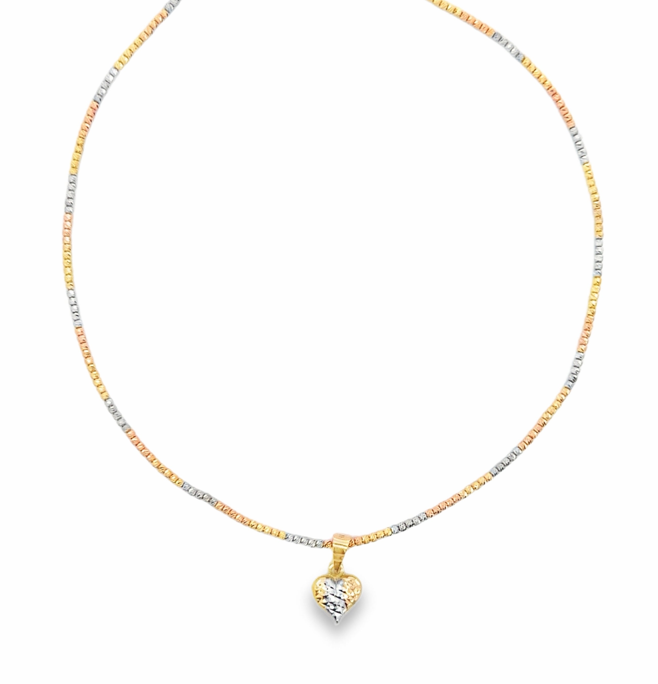 Tri-Color Gold Chain Necklace with Textured Heart Pendant