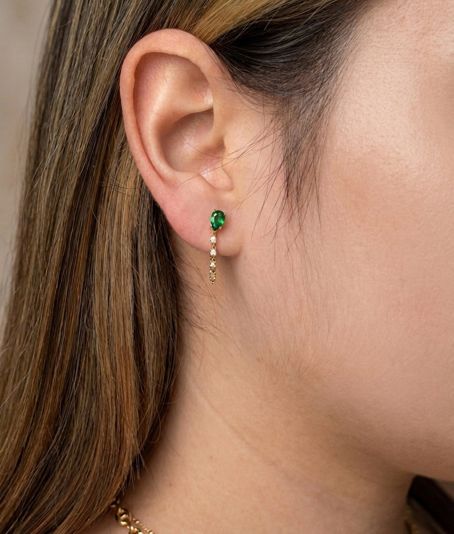 Yellow Gold Green Zircon Chain Drop Earrings