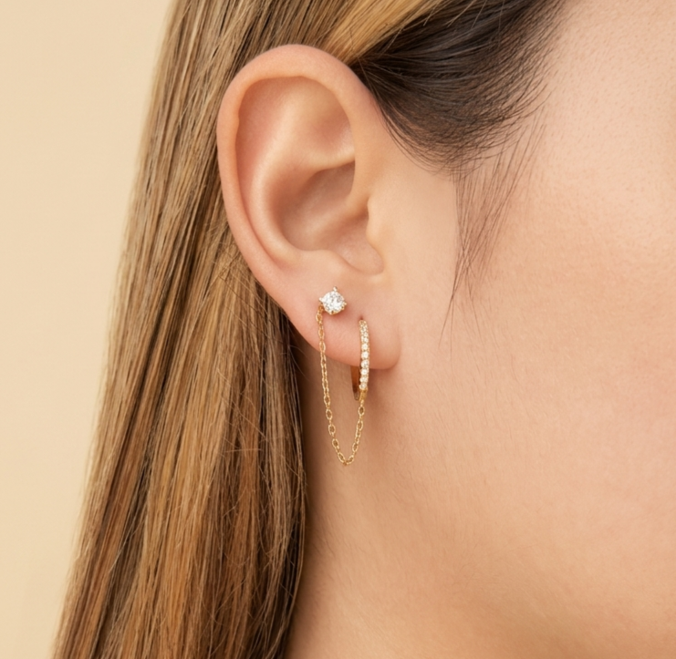 Gold Zircon Chain and Hoop Dangle Earrings