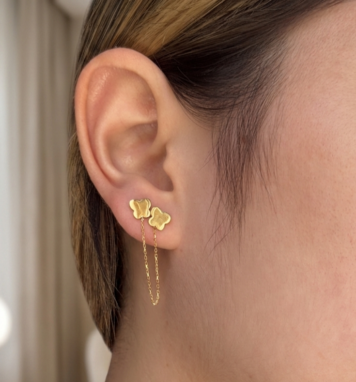 Yellow Gold Onyx Clover Double Stud Chain Earring